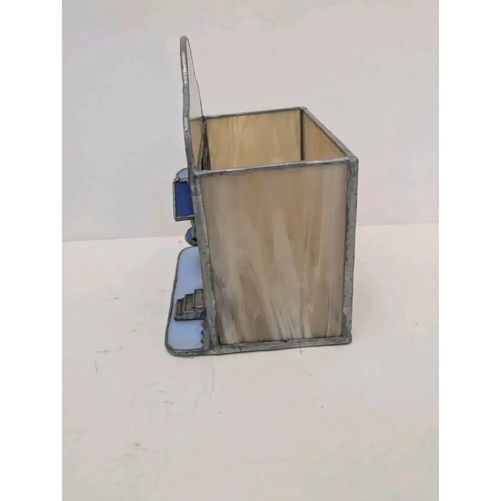 Adobe Stained Glass House Blue Tan Candle Holder 6.75 x 6 x 4.75 Vintage